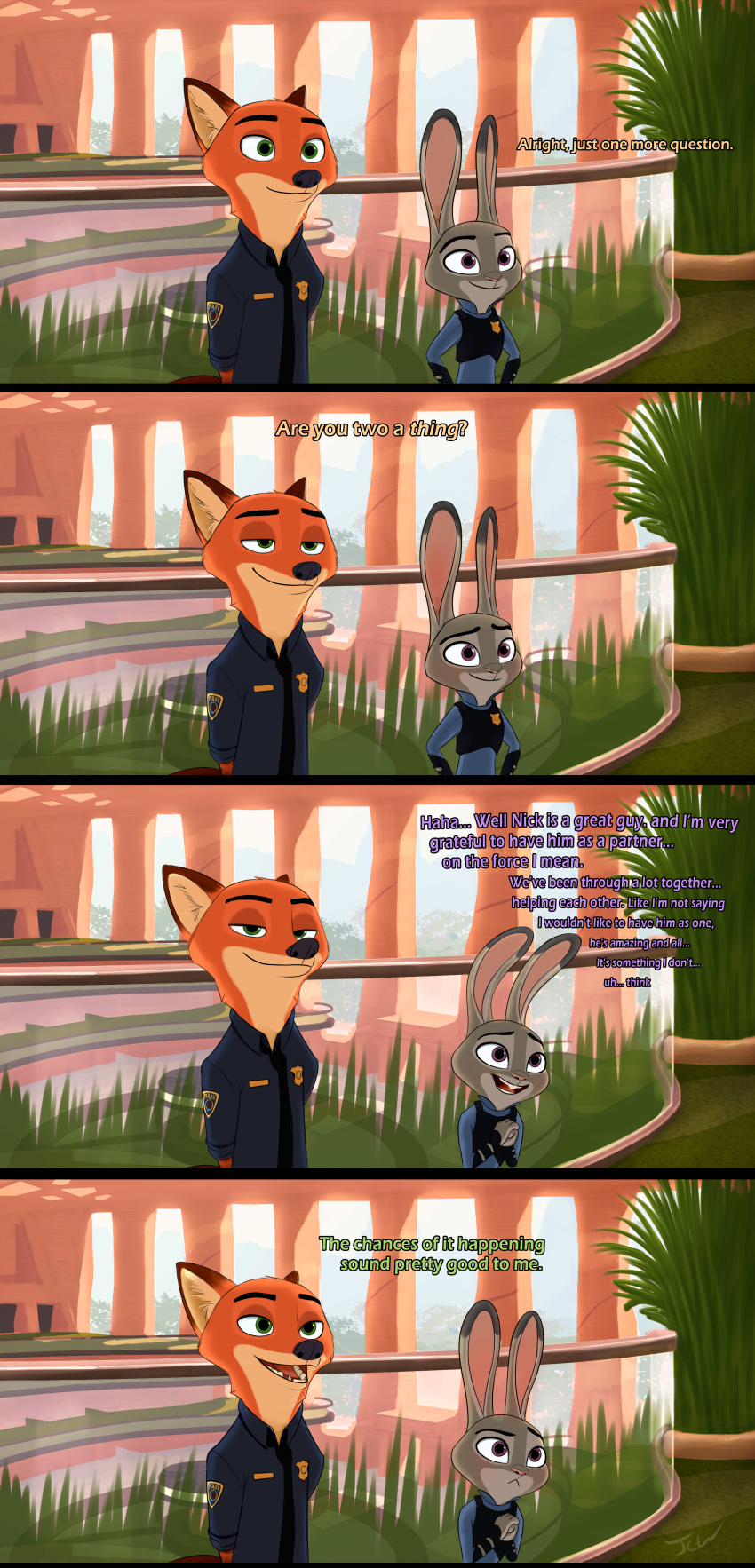 2018 absurd_res anthro canine clothed clothing comic disney female fox fur hi_res jaskenator7000 judy_hopps lagomorph male mammal nick_wilde orange_fur police_uniform rabbit simple_background text uniform zootopia