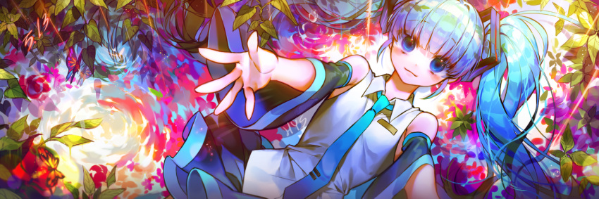 blue_eyes blue_hair blue_neckwear blush bug butterfly closed_mouth collared_shirt eyebrows_visible_through_hair hatsune_miku hayanse insect long_hair looking_at_viewer lying necktie on_back shirt smile solo tie_clip twintails very_long_hair vocaloid
