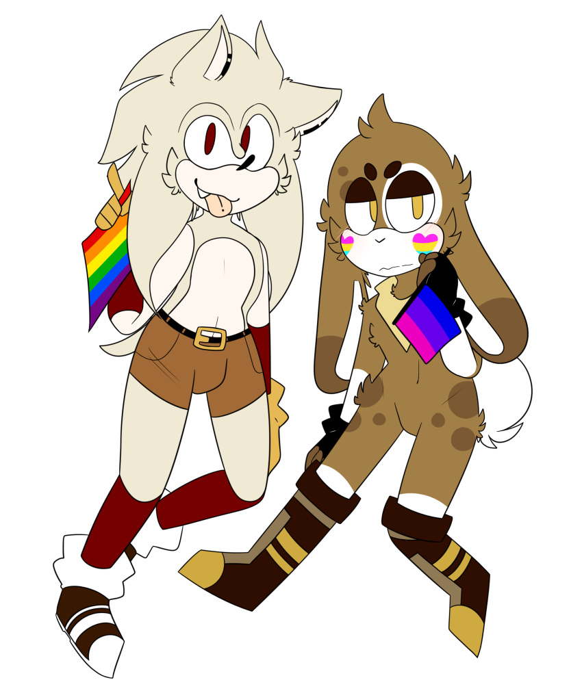 belt bisexual_flag black_nose blep boots brown_fur bulge cheek_tuft clothed clothing droopy_ears duo fangs footwear fur gay_flag gloves hair hedgehog lagomorph legwear long_ears long_hair m3t-s0nic male mammal nude rabbit red_eyes shoes short_ears short_tail shorts shy socks tongue tongue_out topless tuft white_fur yellow_eyes