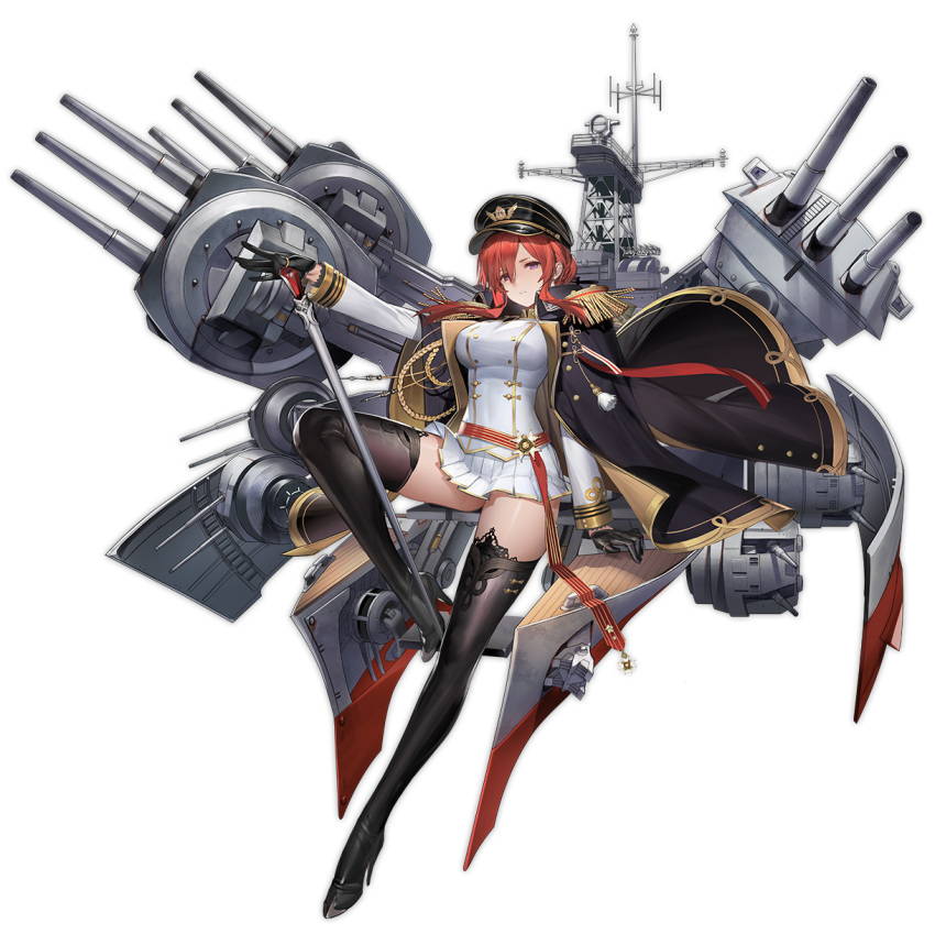 aiguillette arm_at_side azur_lane bangs between_legs black_coat black_gloves black_hat black_legwear braid breasts buttons coat epaulettes eyebrows eyelashes french_braid full_body gloves hair_between_eyes hair_bun hat high_heels highres jacket_on_shoulders jewelry large_breasts leg_up liduke long_hair long_sleeves machinery military military_hat military_uniform miniskirt monarch_(azur_lane) official_art open_clothes open_coat outstretched_arm parted_lips peaked_cap pink_eyes pleated_skirt red_hair ring scepter shirt sidelocks single_braid skirt solo tachi-e thighhighs thumb_ring transparent_background turret unbuttoned uniform white_shirt white_skirt world_of_warships zettai_ryouiki