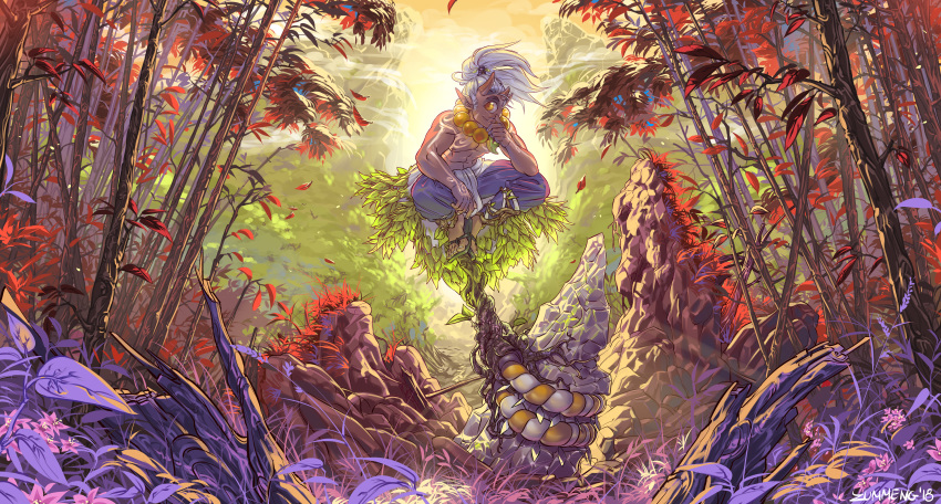 1_eye 5_fingers 5_toes clothed clothing cyclops detailed_background footwear forest glowing glowing_markings hair horn jewelry male markings midriff mountain necklace rock sandals simple_background solo stones toes topless tree white_background white_hair yellow_eyes zummeng