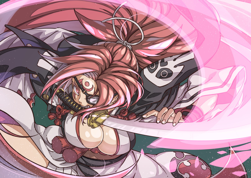 baiken black_jacket breasts colored_eyelashes commentary_request eyelashes facial_tattoo guilty_gear highres jacket jacket_on_shoulders japanese_clothes katana kimono large_breasts long_hair looking_at_viewer mouth_hold one-eyed open_clothes open_kimono ougi-modoki pink_eyes pink_hair ponytail samurai sash scar scar_across_eye shiny shiny_skin skull_print solo sword tattoo tied_hair weapon white_kimono