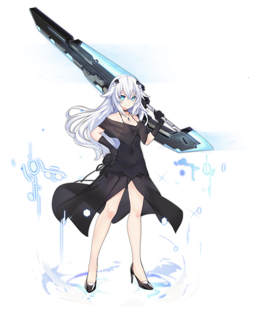 &gt;:) azur_lane bangs bare_shoulders black_choker black_dress black_flower black_footwear black_gloves black_heart black_rose blue_eyes breasts bright_pupils choker cleavage collarbone covered_navel crossed_bangs dot_nose dress dress_lift flower full_body gloves hair_between_eyes hair_flaps hair_ornament hand_on_hip high_heels highres holding holding_sword holding_weapon jewelry legs legs_apart long_hair medium_breasts necklace neptune_(series) no_bra off_shoulder official_art over_shoulder power_symbol rose see-through shoes solo standing sword symbol-shaped_pupils tachi-e transparent_background tsunako v-shaped_eyebrows weapon weapon_over_shoulder white_hair white_pupils wind wind_lift