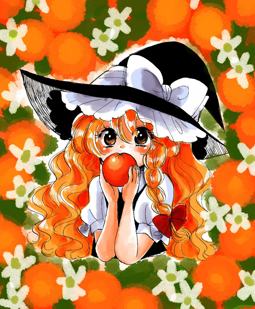 black_dress black_hat blonde_hair blush bow braid commentary covering_mouth dress eyebrows_visible_through_hair eyes_visible_through_hair floral_background food fruit hair_bow hat hat_bow highres holding holding_food holding_fruit kirisame_marisa komaku_juushoku long_hair orange red_ribbon ribbon shirt short_sleeves side_braid single_braid solo touhou wavy_hair white_bow white_shirt witch_hat