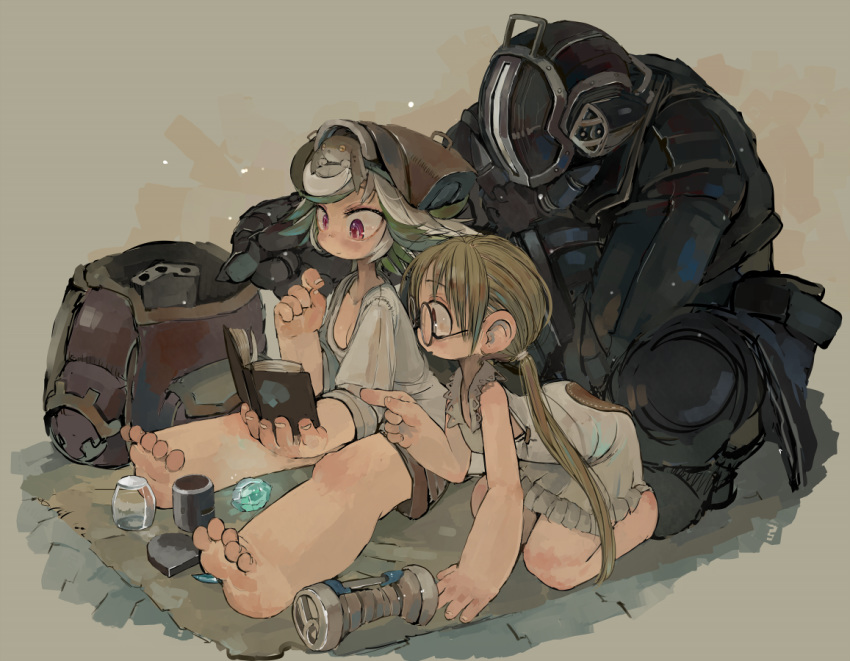 2girls bare_legs beige_background black_coat black_pants blonde_hair bondrewd book breasts brown_background child cleavage ear ebimomo glasses gloves glowing hat helmet holding holding_book long_hair long_sleeves made_in_abyss multiple_girls pants pointing prushka reading red_eyes riko_(made_in_abyss) rug short_hair sitting sleeveless stone white_hair