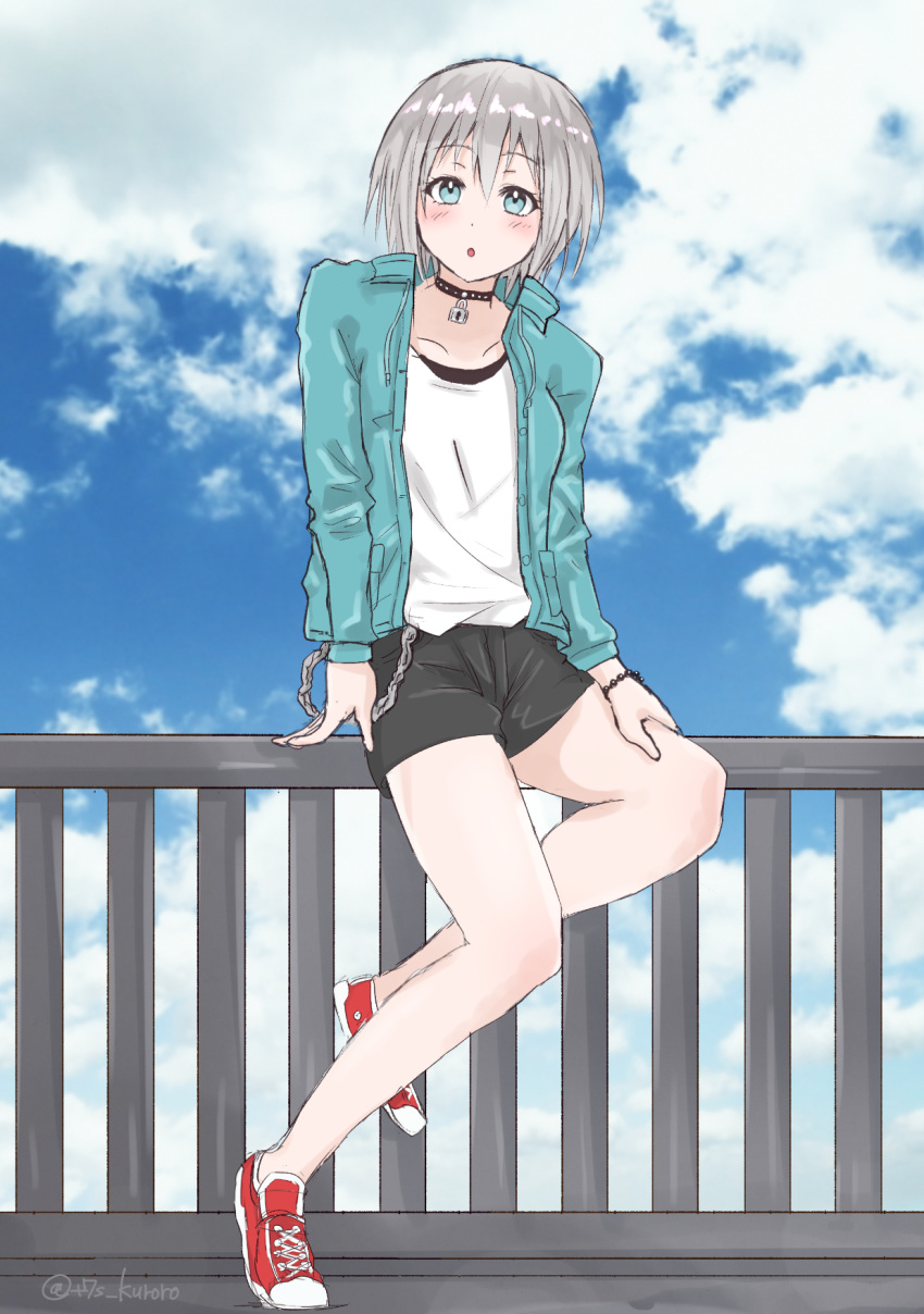 :o aoba_moka arm_support bang_dream! bead_bracelet beads blue_eyes blue_jacket blue_sky blush bracelet choker cloud collarbone day eyelashes hand_on_own_thigh highres jacket jewelry legs lock looking_at_viewer no_socks open_clothes open_jacket padlock photo_background railing shoes short_hair shorts silver_hair sitting_on_railing sketch sky sneakers solo studded_choker t7s-kuroro twitter_username wallet_chain