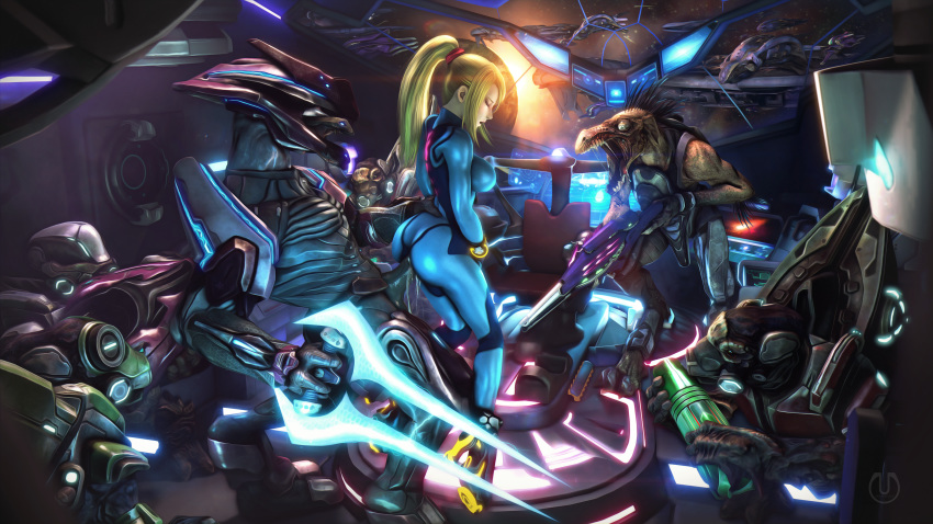 alien armor blonde_hair energy_sword female hair halo_(series) kig-yar male male/female melee_weapon metroid nintendo penis samus_aran sangheili sex space sword unggoy urbanator video_games weapon zero_suit