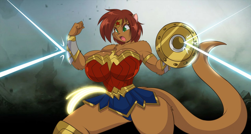 2018 anthro big_breasts breasts brown_fur brown_hair cleavage clothed clothing cosplay dc_comics elexis female fur green_eyes hair headwear mammal mastergodai mustelid open_mouth panties shield solo thick_thighs underwear voluptuous weasel wide_hips wonder_woman