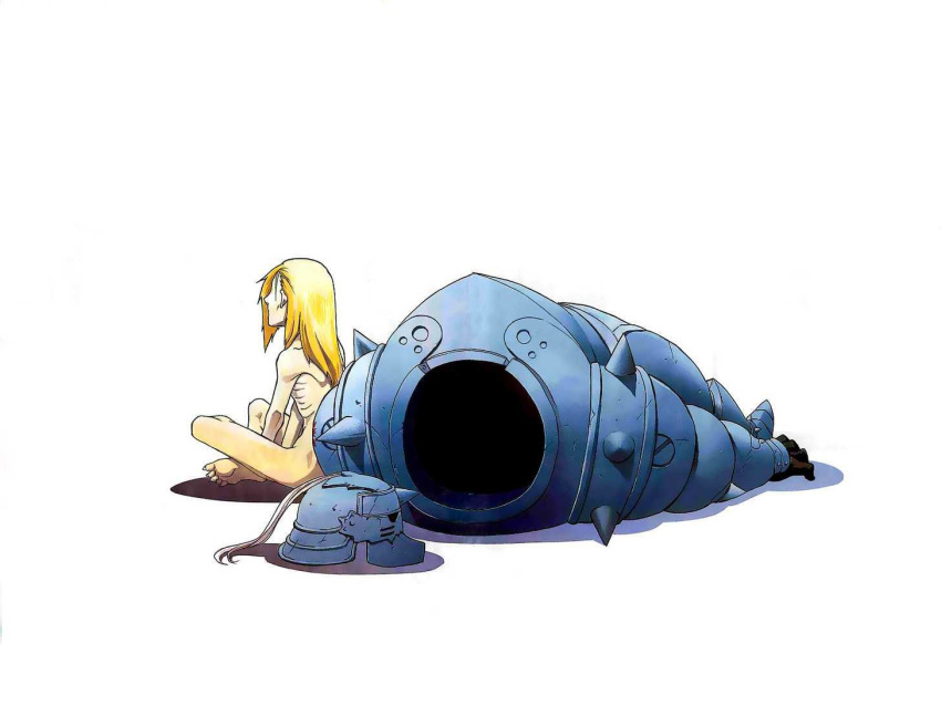 alphonse_elric androgynous arakawa_hiromu armor blonde_hair covering crossed_legs facing_away full_armor full_body fullmetal_alchemist gloves helmet long_hair long_toenails looking_away male_focus nude nude_cover official_art profile ribs shadow simple_background sitting skinny solo spoilers toenails white_background