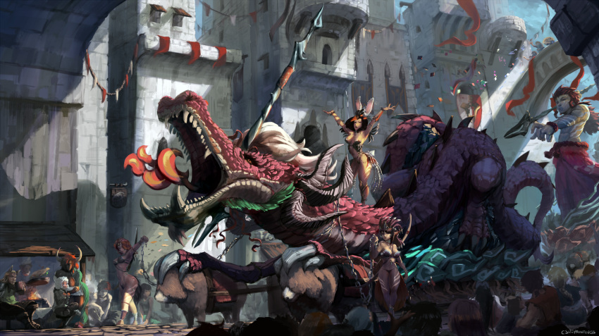 breasts bunny_ears carnival chain cleavage confetti crowd cutesexyrobutts dragon eastern_dragon highres horns original parade polearm scenery shield signature spear thighs weapon