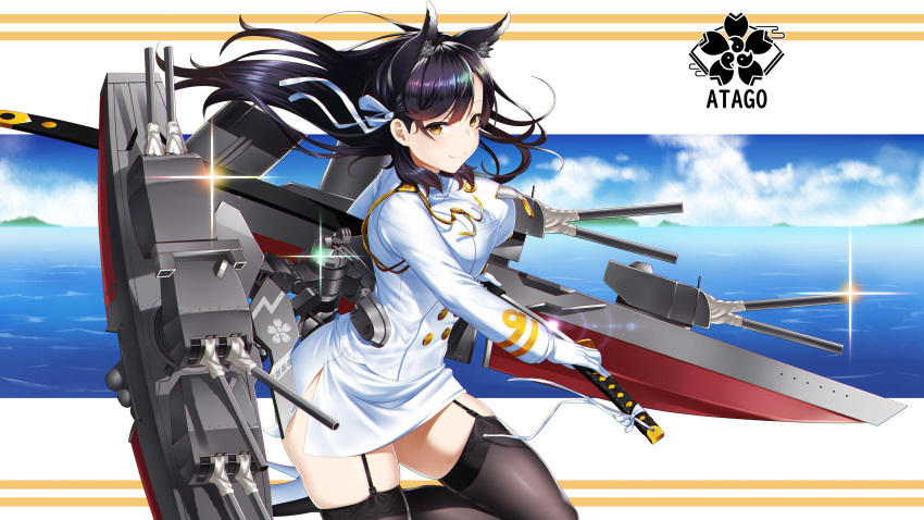 1girl absurdres animal_ears atago_(azur_lane) azur_lane black_hair breasts commentary_request highres kagiyama_(gen'ei_no_hasha) kagiyama_(gen'ei_no_hasha) katana long_hair machinery military military_uniform orange_eyes solo sword thighhighs uniform weapon