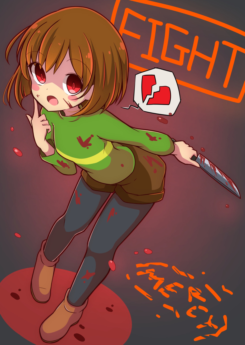 absurdres androgynous bangs black_legwear blood blood_on_face bloody_clothes bloody_knife blush_stickers brown_footwear brown_hair brown_shorts chara_(undertale) eyebrows_visible_through_hair finger_to_cheek full_body highres holding holding_knife inon knife leaning_forward long_sleeves looking_at_viewer open_mouth pantyhose red_eyes shaded_face shoes shorts solo standing undertale