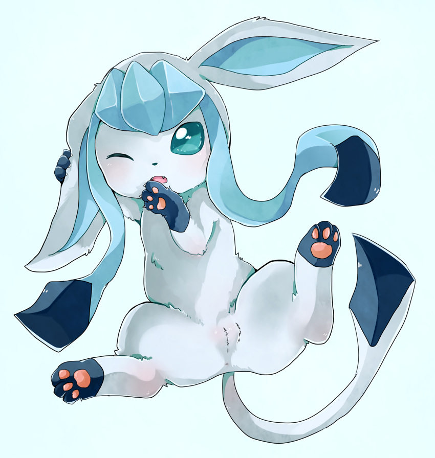 anus blue_fur blush butt claws eeveelution female feral fur glaceon nintendo one_eye_closed open_mouth pawpads paws pok&eacute;mon pok&eacute;mon_(species) pussy raised_hindleg raised_tail ruchita simple_background solo spread_legs spreading toes video_games