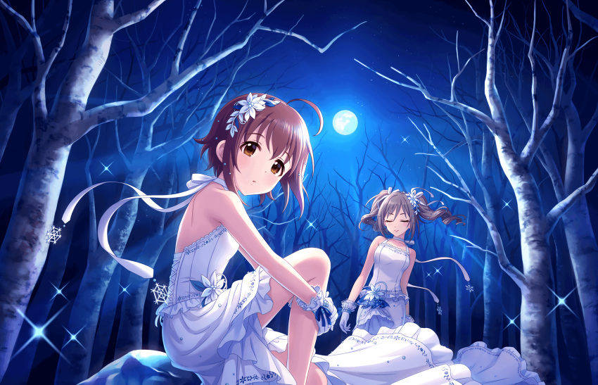 ahoge annindoufu_(oicon) bangs bare_shoulders bare_tree brown_eyes brown_hair closed_eyes dress flower frills gloves hair_flower hair_ornament highres idolmaster idolmaster_cinderella_girls idolmaster_cinderella_girls_starlight_stage kanzaki_ranko knee_up leg_hug long_hair looking_at_viewer moon multiple_girls night night_sky official_art ribbon short_hair sky sleeveless sleeveless_dress smile snow snowflakes tree twintails wakiyama_tamami white_dress