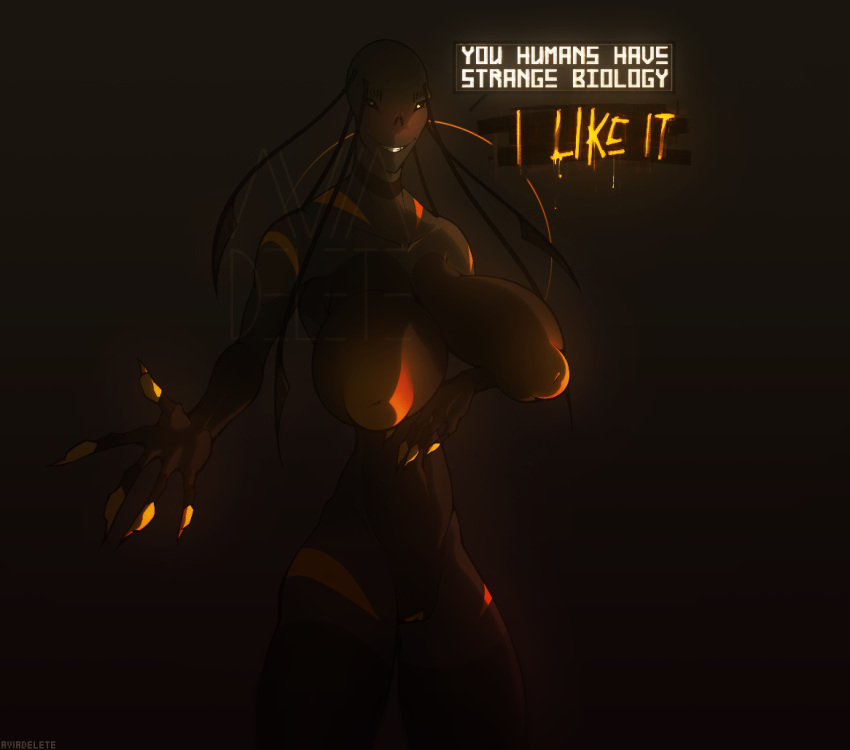 2018 alien areola aviadelete backlighting beckoning big_areola big_breasts big_nipples big_thighs black_sclera blush breasts claws digital_media_(artwork) english_text female gradient_background grey_skin grin huge_breasts humanoid inverted_nipples looking_at_viewer markings nipples not_furry nude orange_claws orange_markings orange_nipples orange_pussy pinup pose puffy_nipples pussy sagging_breasts shaded signature simple_background small_waist smile solo speech_bubble standing text veltris_(aviadelete) watermark yellow_eyes