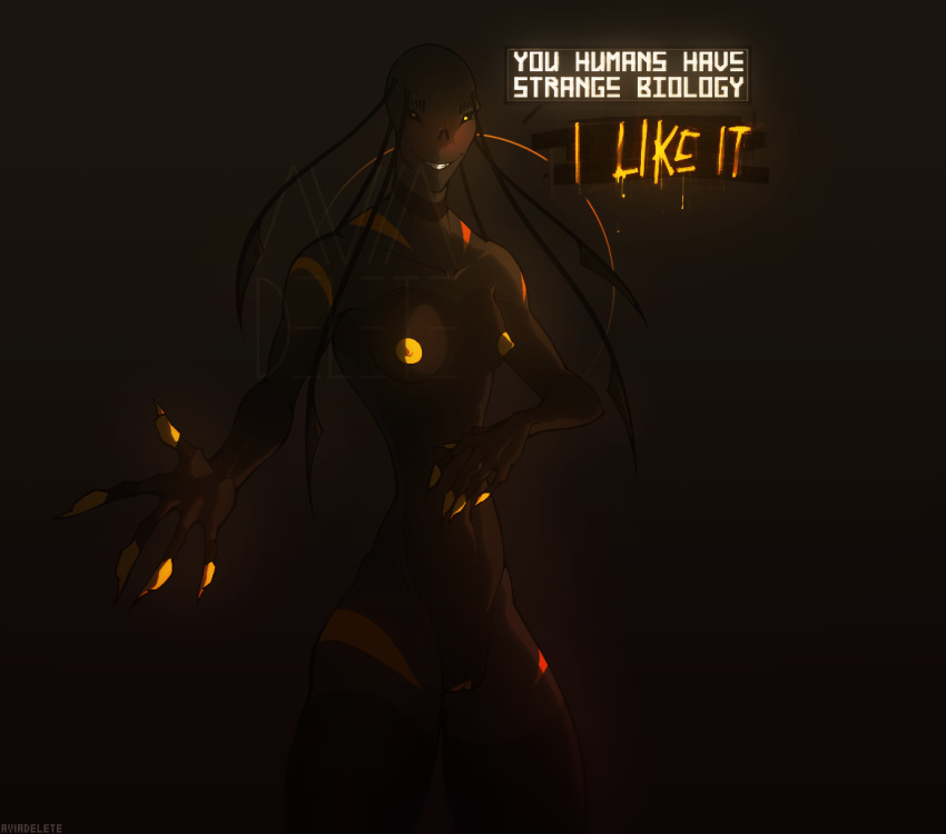 2018 alien aviadelete backlighting beckoning big_thighs black_sclera blush breasts claws digital_media_(artwork) english_text erect_nipples female gradient_background grey_skin grin humanoid looking_at_viewer markings nipples not_furry nude orange_claws orange_markings orange_nipples orange_pussy pinup pose pussy shaded signature simple_background small_breasts small_waist smile solo speech_bubble standing text veltris_(aviadelete) watermark yellow_eyes