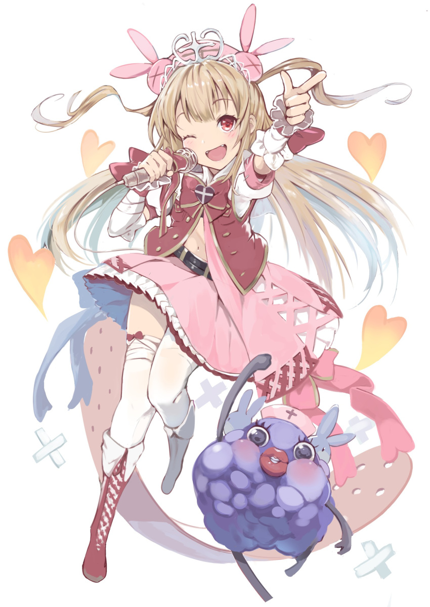 ;d absurdres bangs blush boots bow bowtie bunny_hair_ornament collared_shirt commentary fangs granblue_fantasy_(style) hair_ornament hat heart highres holding holding_microphone jacket light_brown_hair long_hair microphone natori_sana navel nurse_cap one_eye_closed open_mouth p_answer pink_skirt pointing puffy_short_sleeves puffy_sleeves red_bow red_eyes red_vest saana-kun sana_channel shirt short_sleeves skirt smile thighhighs thighs two_side_up vest virtual_youtuber white_legwear zettai_ryouiki