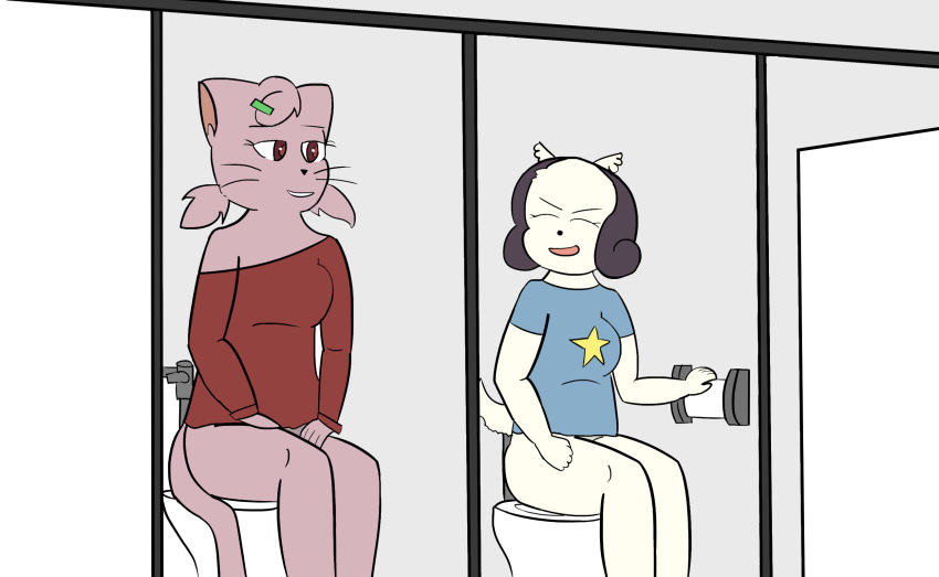 2018 anonymous_artist anthro bathroom bittersweet_candy_bowl canine cat clothed clothing digital_media_(artwork) duo feline female fur hi_res jessica_(bcb) mammal rachel_(bcb) simple_background sitting smile teenager toilet toilet_use webcomic young