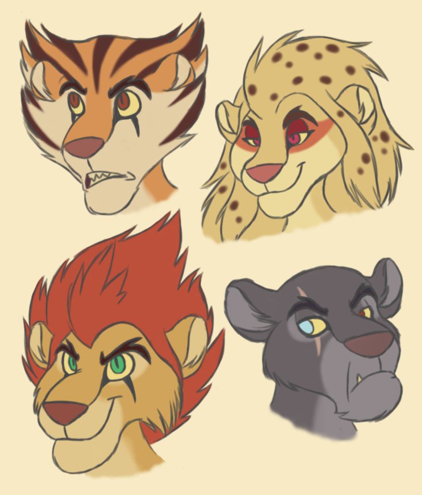 2018 blonde_hair brown_eyes cheetara digital_media_(artwork) feline fur green_eyes hair heterochromia itoruna lion-o mammal orange_fur panthro pink_eyes spots spotted_fur spotted_hair stripes thundercats tygra