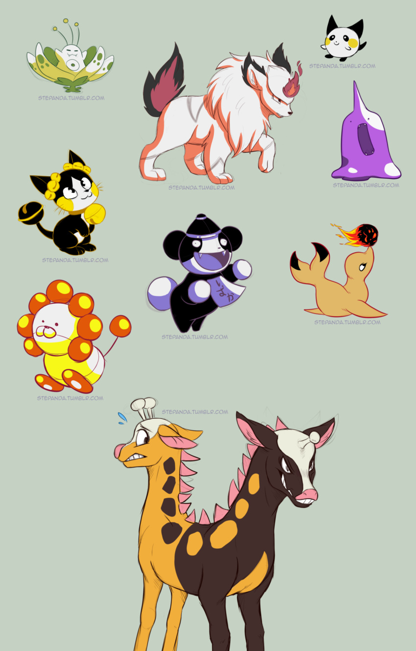 black_cat blush_stickers bombshikaa cat creature dynabear evil_smile girafarig_(beta) grey_background hanamogura highres jiangshi kyonpan looking_back looking_up multiple_heads no_humans pichu_(beta) pokemon pokemon_(creature) pokemon_gsc_beta porygon2_(beta) ringring_(pokemon) scared seal simple_background smile standing stepandy walking watermark web_address