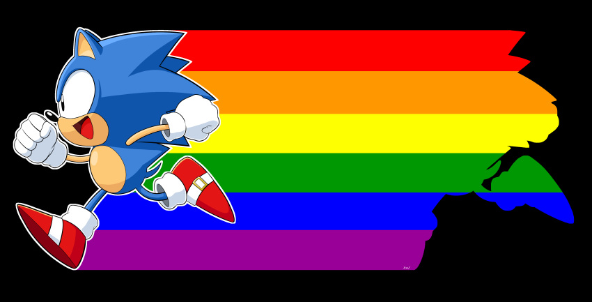 anthro clothing footwear gay_pride gloves hedgehog male mammal open_mouth rainbow_symbol ravnic running shoes solo sonic_(series) sonic_the_hedgehog