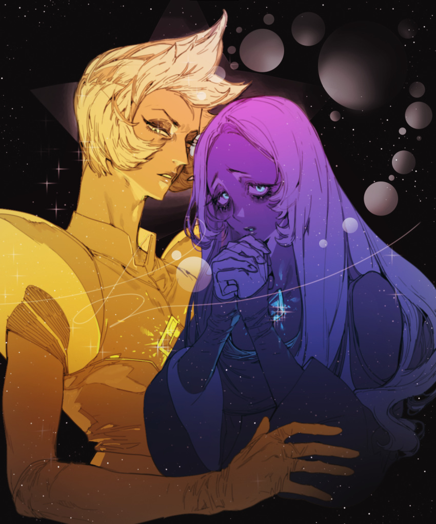blue_diamond_(steven_universe) blue_eyes blue_hair chest_jewel commentary dark_background diamond-shaped_pupils dress eyelashes eyeshadow gem hands_together highres long_hair looking_at_viewer makeup multiple_girls parted_lips pigeon666 planet short_hair space star star_(sky) steven_universe symbol-shaped_pupils upper_body very_long_hair yellow_diamond_(steven_universe) yellow_eyes