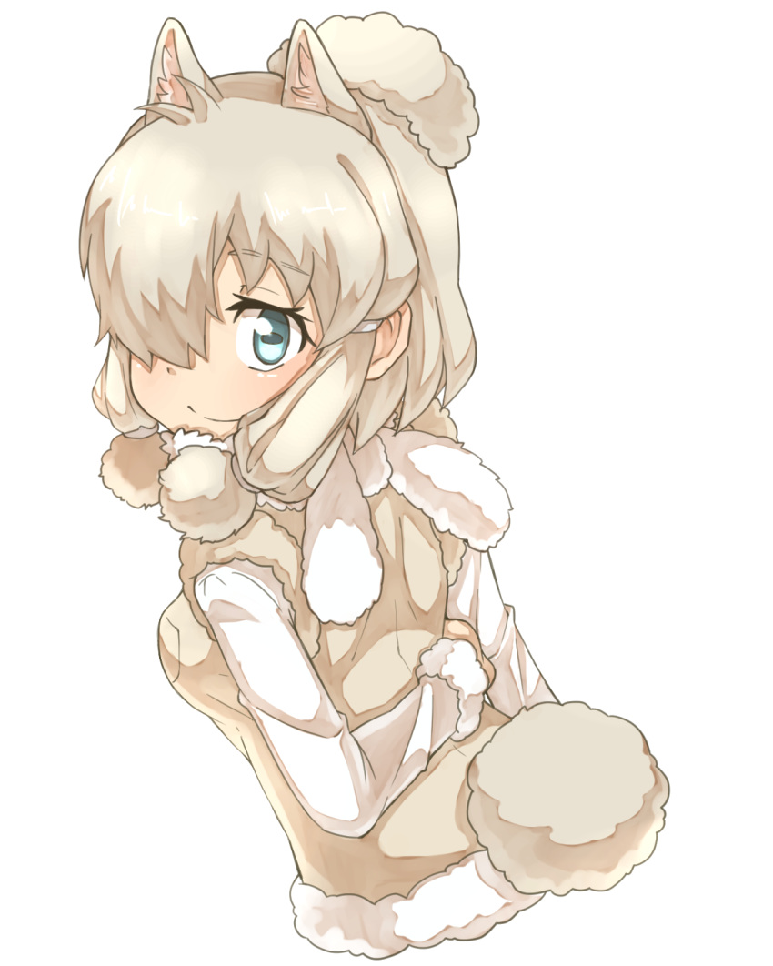 alpaca_ears alpaca_suri_(kemono_friends) alpaca_tail animal_ears aqua_eyes arm_at_side arm_behind_back back blonde_hair breast_pocket closed_mouth commentary_request cropped_torso extra_ears eyebrows_visible_through_hair from_behind fur-trimmed_sleeves fur_scarf fur_trim hair_over_one_eye hand_on_own_arm highres horizontal_pupils kemono_friends long_sleeves looking_at_viewer looking_back medium_hair platinum_blonde_hair pocket scarf simple_background solo sweater tail thin_(suzuneya) upper_body white_background