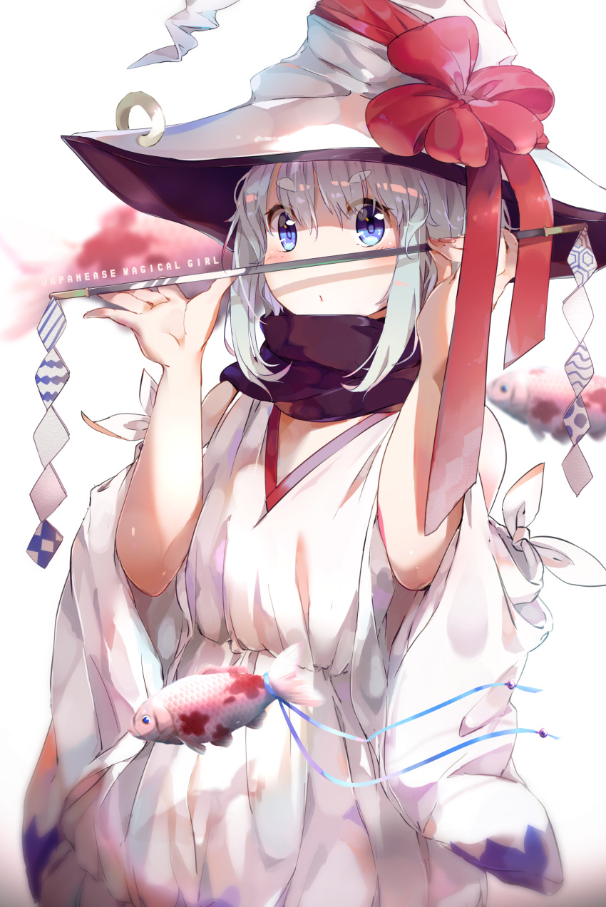 absurdres bangs black_scarf blue_eyes blush commentary_request detached_sleeves dress english fish flower flower_knot hands_up hat hat_flower hat_ribbon hat_ring highres holding holding_wand looking_at_viewer nail_polish original pink_nails red_flower ribbon scarf shide sidelocks solo soranagi_yuki tied_sleeves wand white_dress white_hair white_hat wide_sleeves witch witch_hat