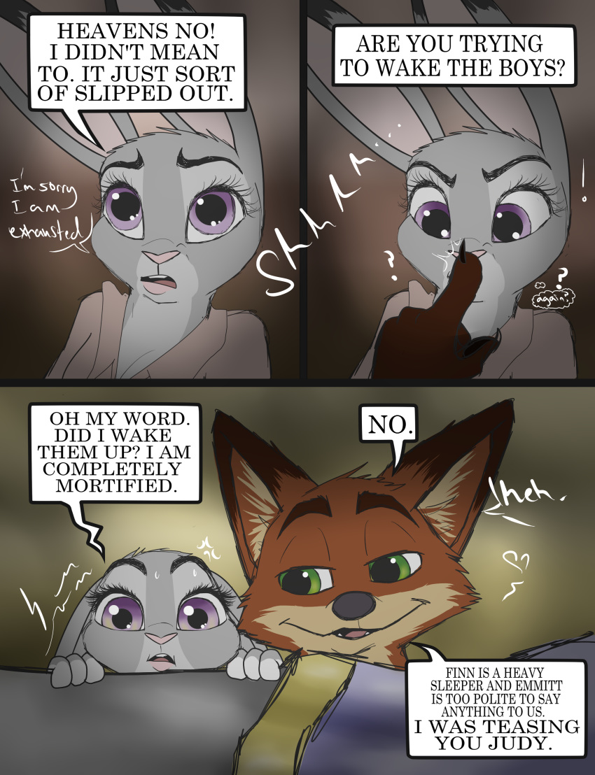 ! &lt;3 ? anthro bed bed_sheet bedding black_fur blush boop buckteeth canine clothing comic disney duo english_text eyes_closed female fox fur gloves_(marking) green_eyes grey_fur half_naked hi_res inner_ear_fluff judy_hopps lagomorph lidded_eyes long_ears male mammal markings nick_wilde open_mouth orange_fur pink_nose predator/prey progressoftomorrow purple_eyes rabbit shaking size_difference teeth text white_fur yellow_fur zootopia