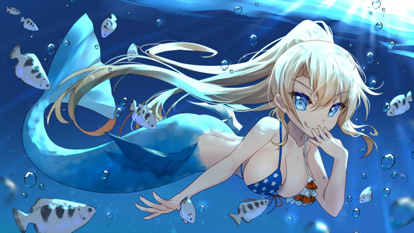 :q air_bubble american_flag_bikini animal archerfish_(zhan_jian_shao_nyu) bangs bare_arms bare_shoulders bikini bikini_top bison_cangshu blonde_hair blue_eyes breasts bubble cleavage closed_mouth collarbone commentary_request day eyebrows_visible_through_hair fish fish_request flag_print front-tie_bikini front-tie_top hair_between_eyes hand_to_own_mouth hand_up high_ponytail highres long_hair looking_at_viewer medium_breasts mermaid monster_girl monsterification outdoors ponytail smile solo sunlight swimsuit tongue tongue_out underwater very_long_hair water zhan_jian_shao_nyu