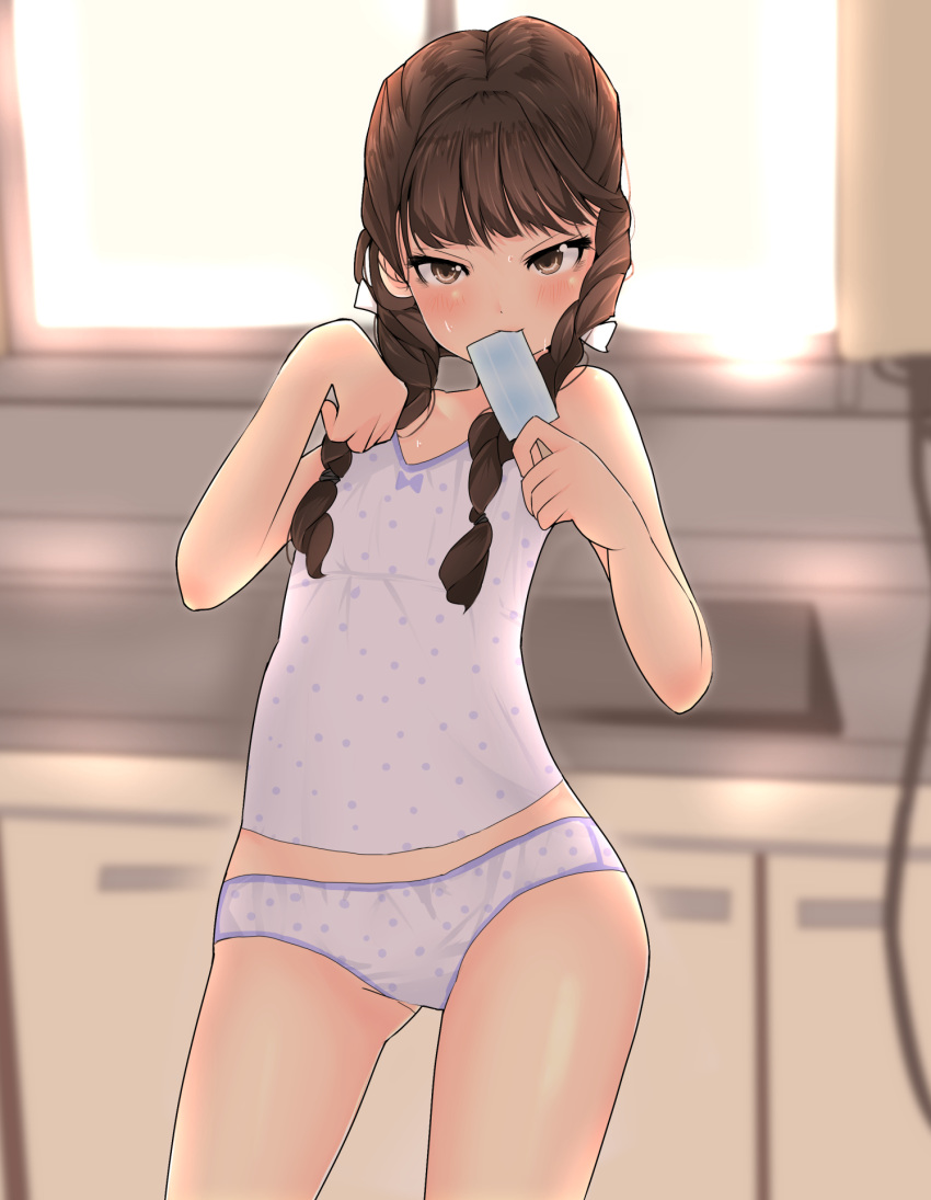 backlighting braid brown_eyes camisole cowboy_shot eating food hands_up highres ibuibu_gakogako indoors looking_at_viewer original panties polka_dot polka_dot_camisole polka_dot_panties popsicle purple_camisole purple_panties solo standing twin_braids underwear underwear_only