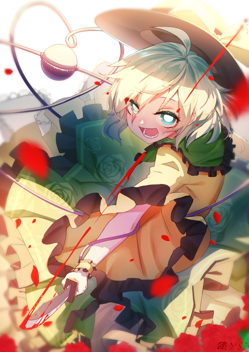 1girl bai_yemeng black_hat blood bow bright_pupils chinese_commentary commentary_request floral_print flower green_eyes green_hair green_skirt hat hat_bow heart heart_of_string highres holding holding_knife knife komeiji_koishi open_mouth petals red_flower red_rose revision rose rose_petals shirt short_hair simple_background skirt smile solo third_eye touhou white_background wrist_cuffs yellow_bow yellow_shirt