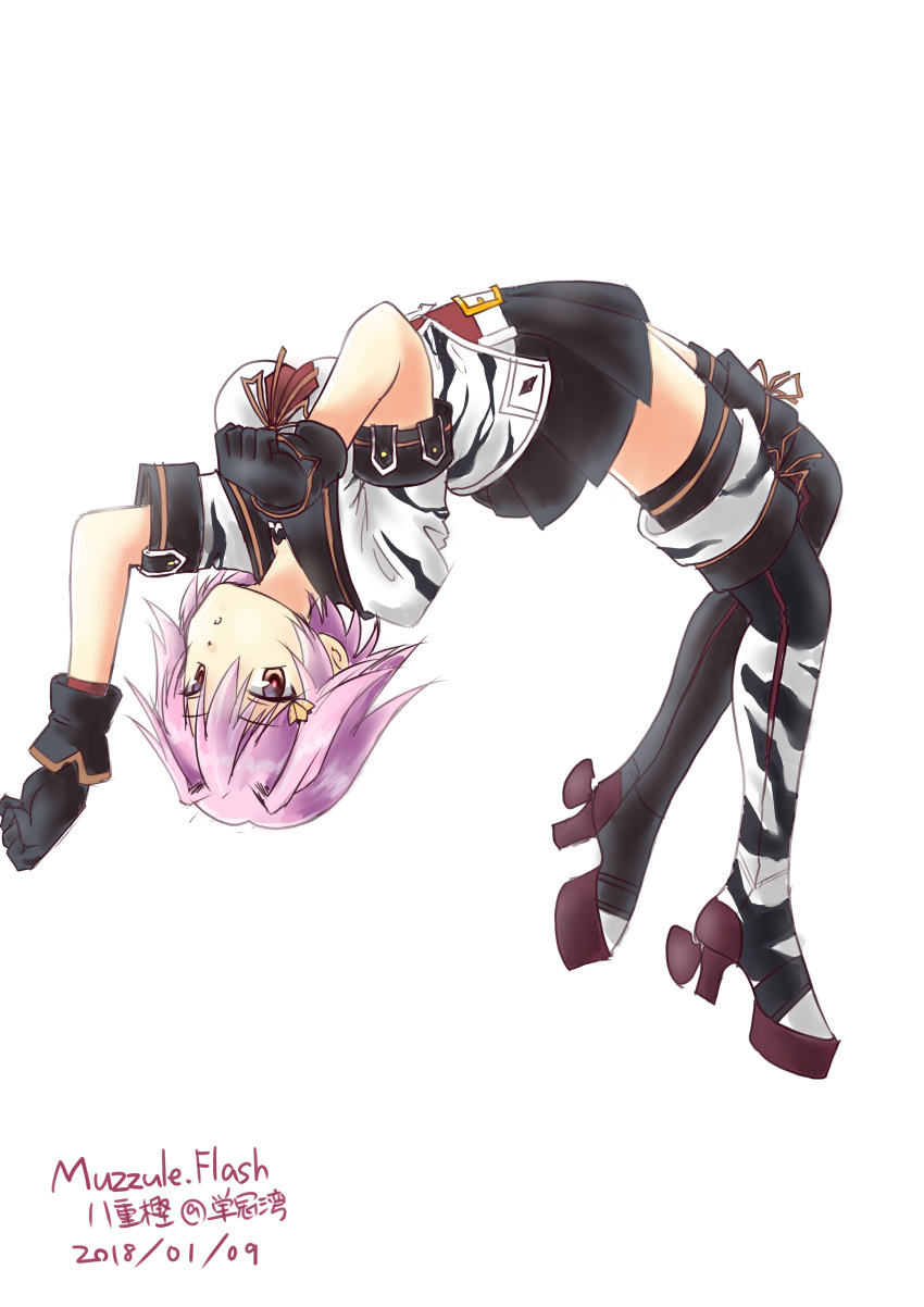 absurdres artist_name black_gloves black_skirt boots commentary_request dated from_side gloves hair_ornament high_heels highres kantai_collection looking_at_viewer muzzuleflash paw_pose pink_hair pleated_skirt red_eyes remodel_(kantai_collection) rudder_shoes short_hair short_sleeves simple_background skirt solo tama_(kantai_collection) thigh_boots thighhighs upside-down
