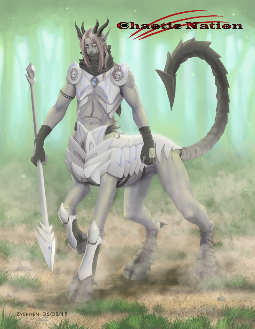 armor centaur full_body general_thiel gray_skin horns male_focus zyephen