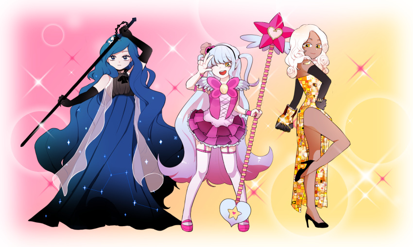 absurdly_long_hair bare_shoulders black_footwear black_gloves blonde_hair blue_dress blue_hair chiru_(equation9) commentary_request constellation_print dark_skin dress elbow_gloves garter_straps gauntlets gloves gradient_hair hair_ornament heart heart_hair_ornament high_heels highres holding holding_staff holding_sword holding_weapon king_of_greed knight_of_despair leg_up lobotomy_corporation long_hair looking_at_viewer magical_girl multicolored_hair multiple_girls one_eye_closed open_mouth pink_background pink_dress pink_hair queen_of_hatred single_gauntlet sleeveless sleeveless_dress smile sparkle_background staff star sword thighhighs tiara very_long_hair w weapon white_hair yellow_background yellow_dress