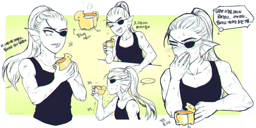 anthro beverage clothing cup eye_patch eyewear female fish hair korean_language marine ponytail scar sharp_teeth shirt sweat tank_top tea teeth undertale undyne video_games whan