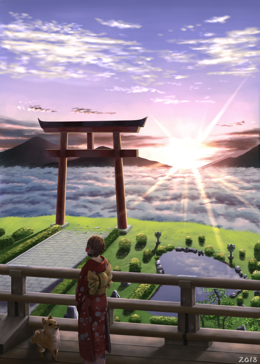 2018 absurdres animal brown_hair chinese_zodiac cloud dog highres japanese_clothes kimono looking_away onita original outdoors pond railing scenery short_hair sky sunset torii year_of_the_dog