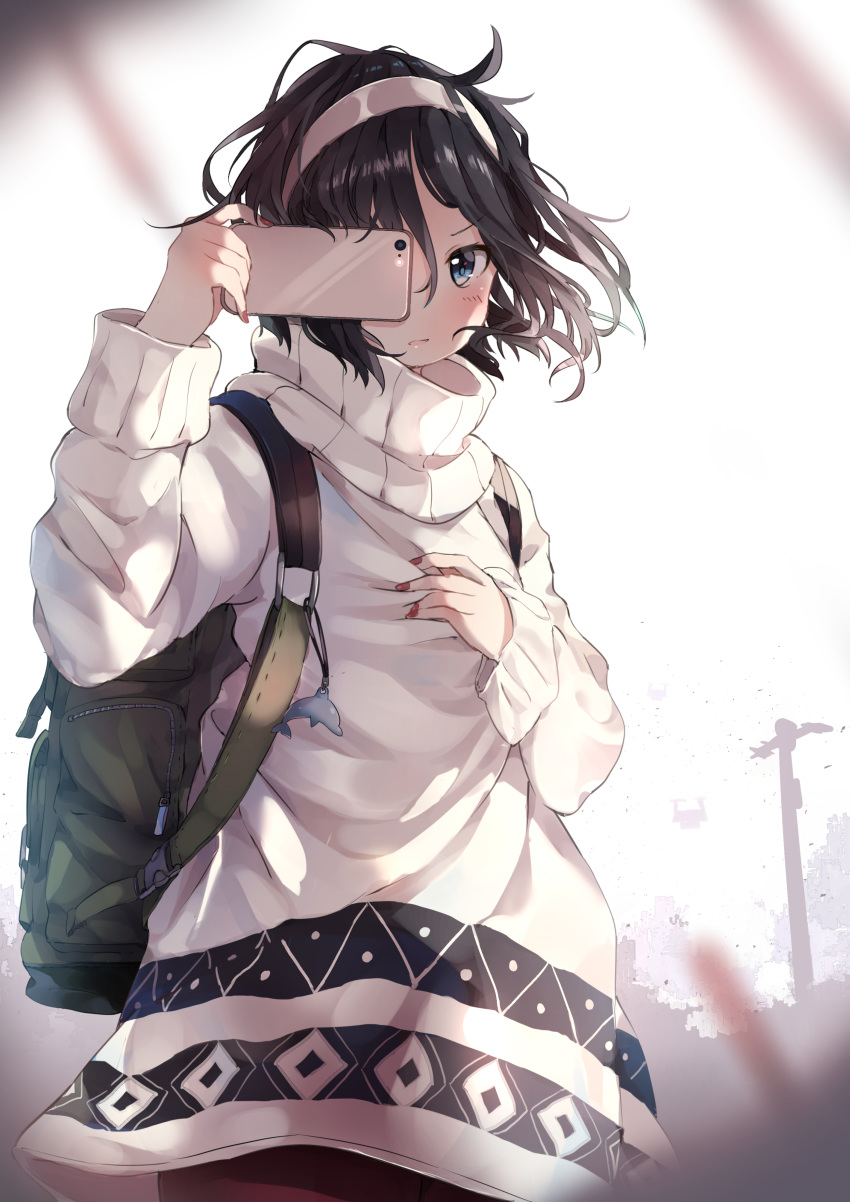 absurdres backpack bag bag_charm blush cellphone charm_(object) commentary_request hairband hand_on_own_chest hand_up highres holding holding_cellphone holding_phone long_sleeves looking_at_viewer one_eye_covered original phone red_eyes smartphone smartphone_case solo soranagi_yuki sweater taking_picture telephone_pole turtleneck turtleneck_sweater white_sweater