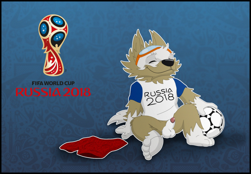 animal_genitalia anthro ball balls canine clothed clothing eyewear fifa fur goggles hi_res kaion male mammal mascot penis simple_background soccer soccer_ball solo sport wolf zabivaka