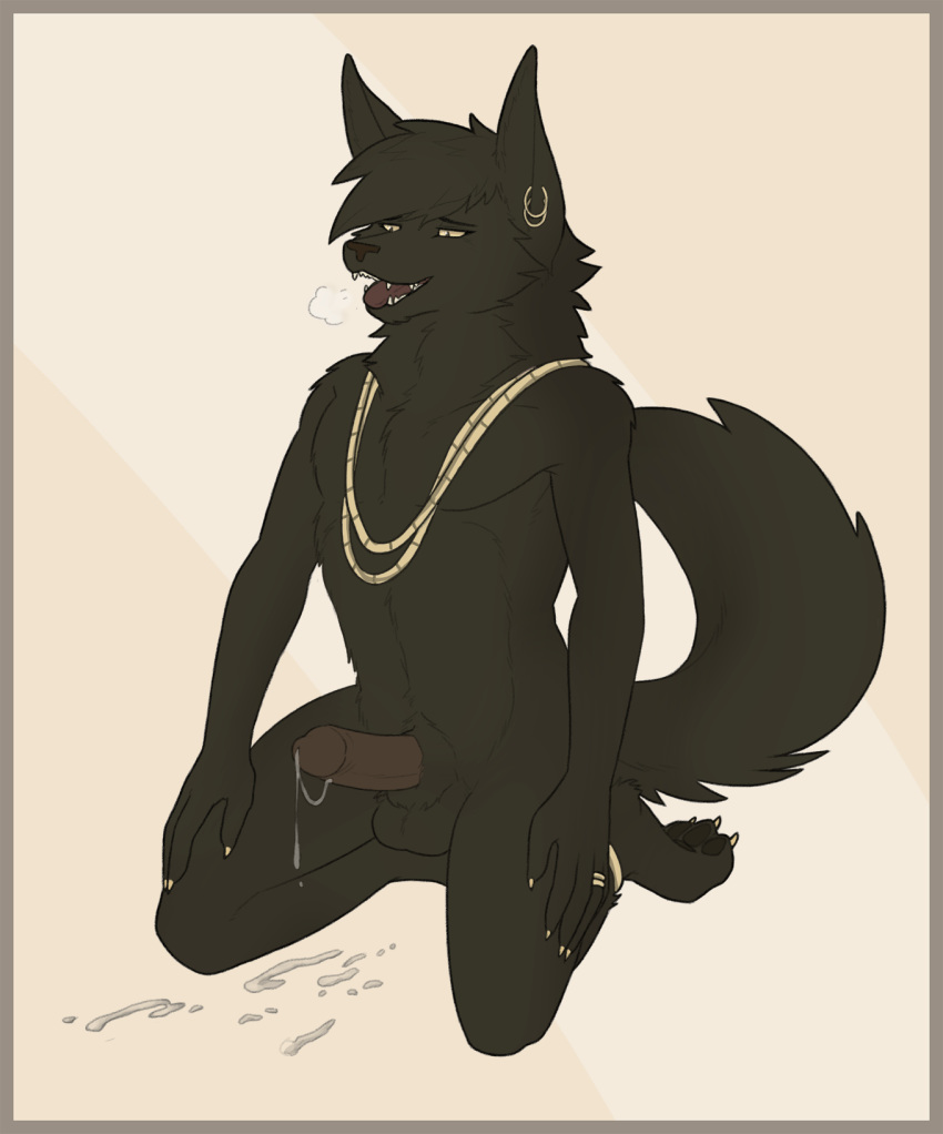 2018 anklet anthro anubian_jackal balls breath canine cum cum_drip dripping ear_piercing ejaculation erection fuzzikayu jackal jewelry kneeling male mammal masturbation necklace open_mouth penis piercing rilohn ring simple_background solo tongue tongue_out