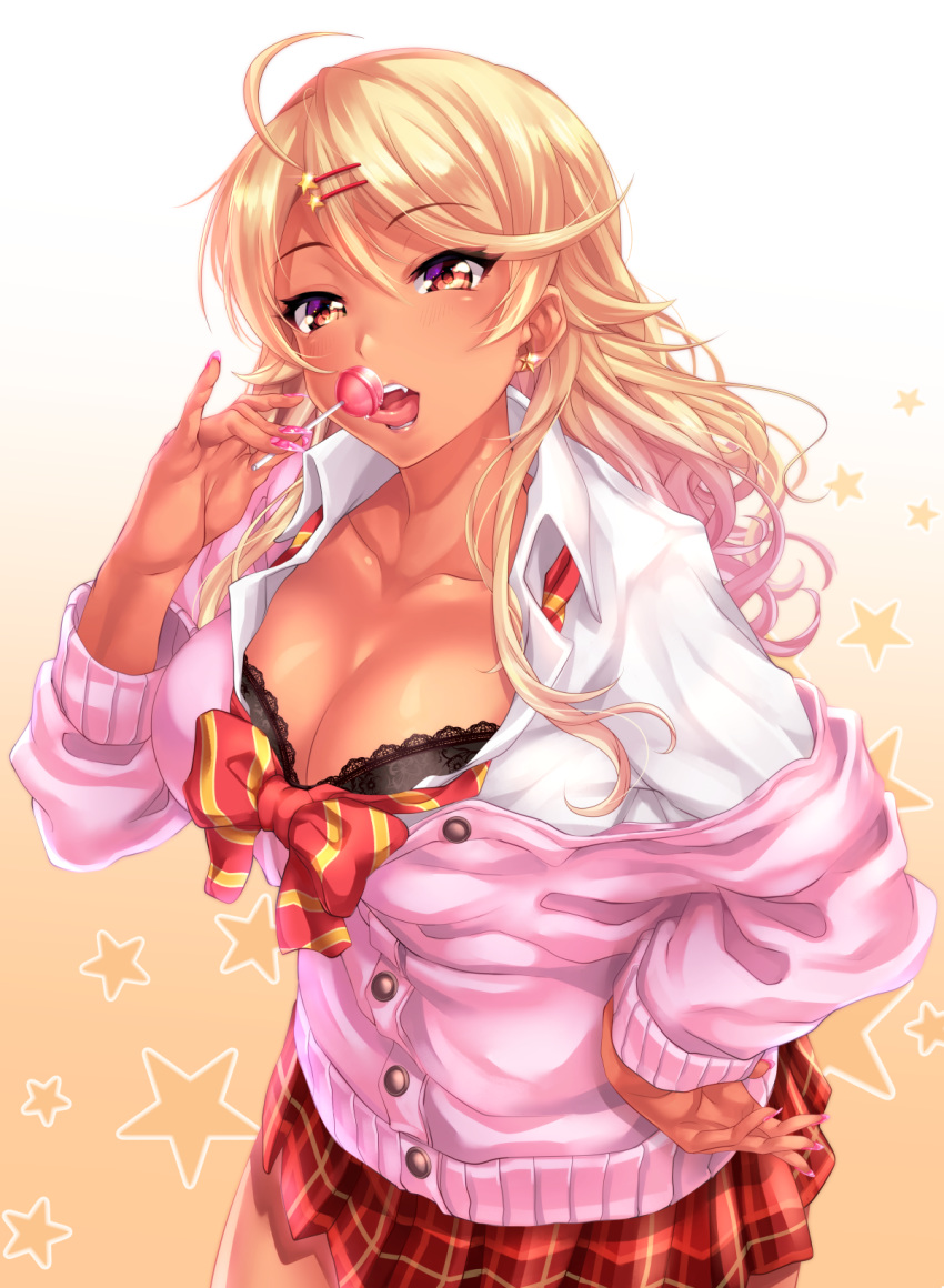 ahoge amaryllis black_bra blonde_hair bow bowtie bra breasts brown_eyes candy cleavage collarbone collared_shirt commentary_request dress_shirt earrings eyebrows_visible_through_hair fake_nails food gradient gradient_background gyaru hair_between_eyes hair_ornament hairclip highres jewelry kogal lace lace-trimmed_bra large_breasts licking lollipop long_hair miniskirt off_shoulder open_clothes open_mouth ouga_saki pink_cardigan plaid_neckwear pleated_skirt school_uniform shirt skirt standing star star_earrings star_hair_ornament starry_background tdnd-96 tongue tongue_out underwear virtual_youtuber wavy_hair white_shirt