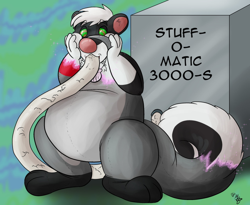 2018 absurd_res animate_inanimate anthro black_fur digital_drawing_(artwork) digital_media_(artwork) english_text featureless_crotch fur hair hi_res isf jazzotter jewelry kehei living_plush male mammal markings multicolored_fur mustelid muzzle_(object) muzzled necklace nude open_mouth otter simple_background skunk solo spiral spiral_eyes tape_muzzle text transformation white_fur white_hair