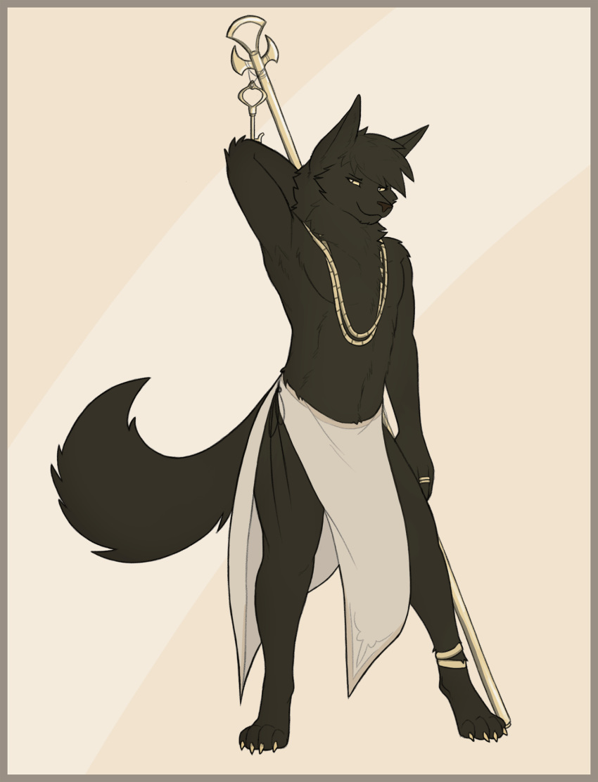 2018 anklet anthro anubian_jackal canine fuzzikayu jackal jewelry looking_at_viewer male mammal necklace rilohn simple_background solo staff