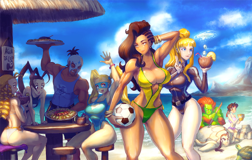 6+girls ahoge antenna_hair ass asymmetrical_hair ball beach bikini blanka blonde_hair blue_sky bracelet breasts brown_hair cleavage coconut commentary cornrows dark_skin day drill_hair drinking_straw el_fuerte english_commentary food fruit green_skirt headband hibiki_dan ibuki_(street_fighter) ice ice_cube jewelry kanzuki_karin kasugano_sakura kolin large_breasts laura_matsuda lemon lemon_slice luchador_mask mask multiple_boys multiple_girls muscle ocean one-piece_swimsuit plate ponytail rainbow_mika sand_sculpture skirt sky smile soccer_ball spiked_hair street_fighter street_fighter_ii_(series) street_fighter_iii_(series) street_fighter_iv_(series) street_fighter_v street_fighter_zero_(series) swimsuit tacozama tank_top turtle twintails