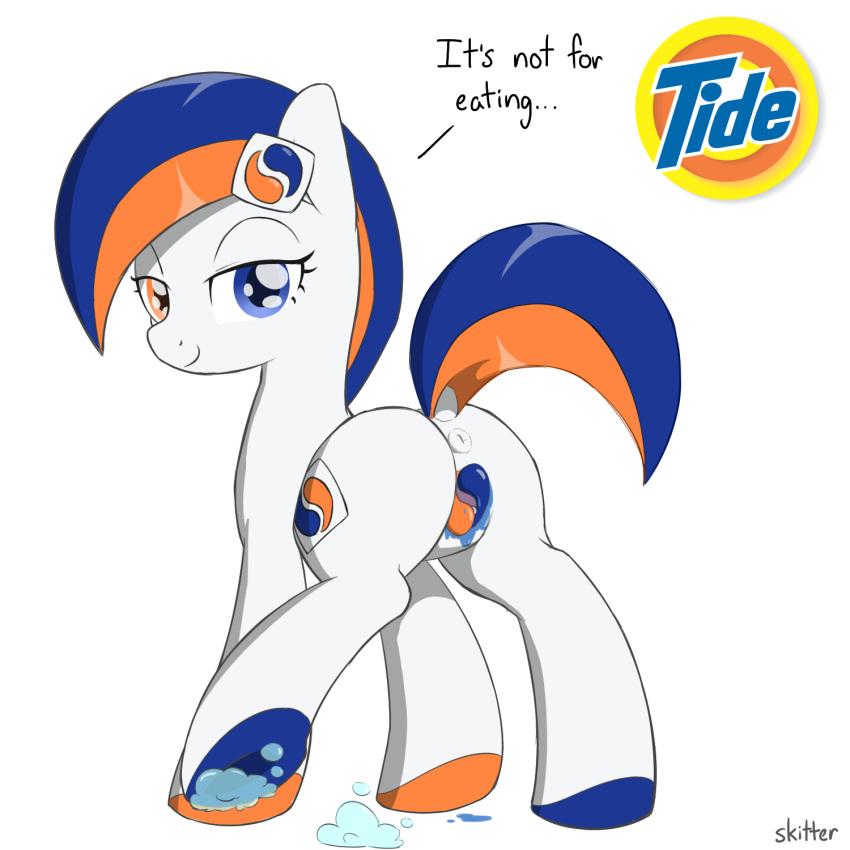 anus butt english_text equine female feral happy heterochromia horse looking_back mammal my_little_pony pony presenting presenting_hindquarters skitterpone smile solo text tide_pod what_has_magic_done why