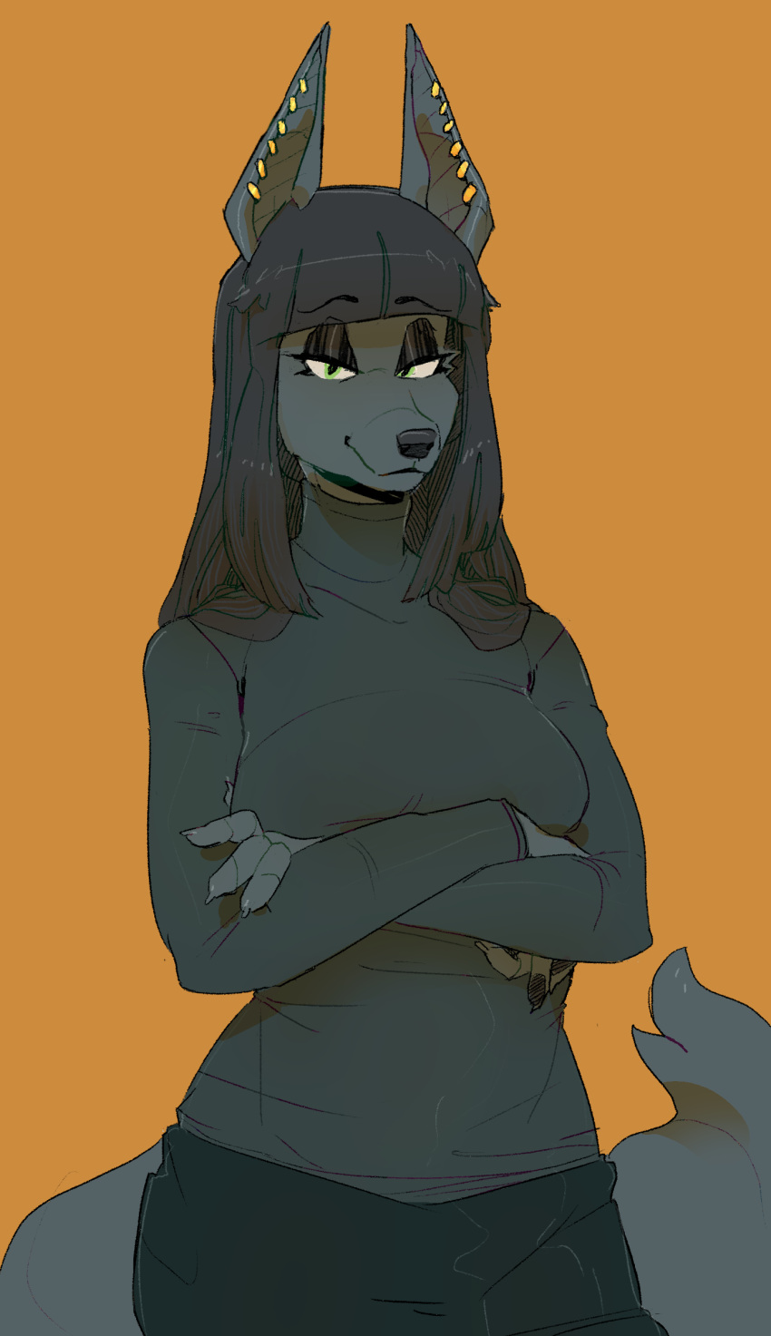 2018 canine clothed clothing crossed_arms ear_piercing fluffy fluffy_tail fully_clothed hair half-closed_eyes jackal long_hair looking_at_viewer mammal nightshade_(kadath) orange_background pants piercing simple_background smile standing turtleneck velvart