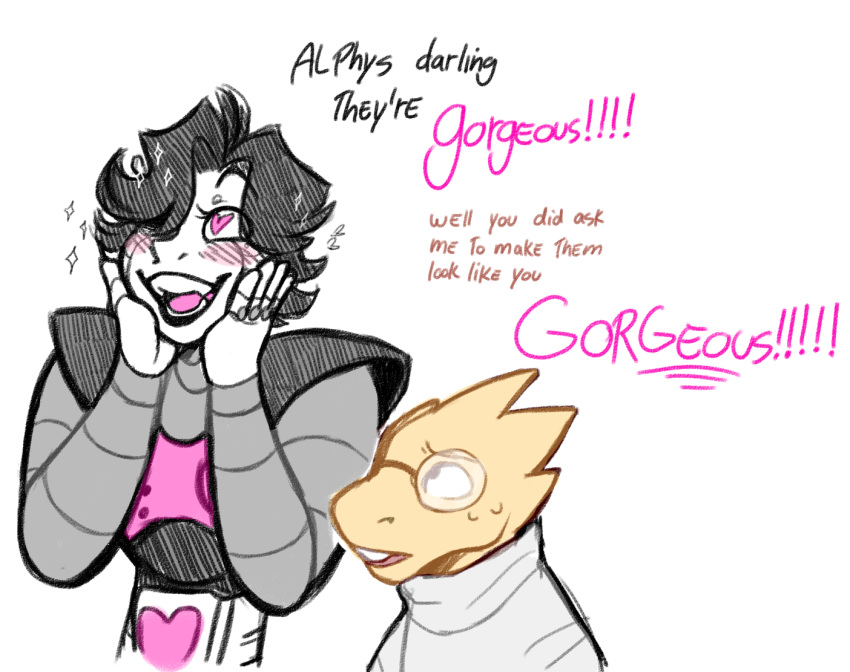 &lt;3 &lt;3_eyes 2015 alphys android anthro blush clothing dialogue duo eyewear female girly glasses humanoid lizard machine male mettaton mettaton_ex reptile robot scalie simple_background smile toddnet undertale video_games white_background