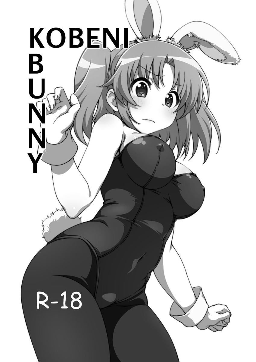 1girl black_legwear blush breasts bunny_tail bunnysuit embarrassed fake_animal_ears impossible_clothes large_breasts lewis lipstick mikakunin_de_shinkoukei monochrome navel nipples pantyhose solo twintails yonomori_kobeni