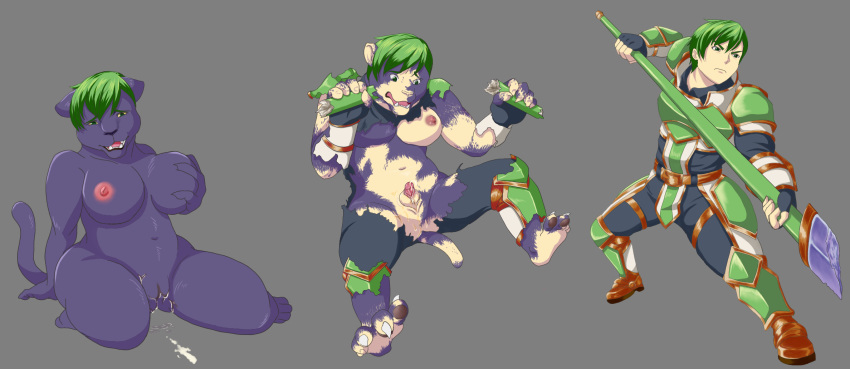 2018 anthro armor big_breasts breast_expansion breasts claws clothed clothing cougar feline female gender_transformation green_hair grey_background hair hand_on_breast human human_to_anthro killpanda kneeling male mammal melee_weapon mtf_transformation nipples nude open_mouth penis pussy sequence short_hair simple_background solo surprise tail_growth torn_clothing transformation weapon