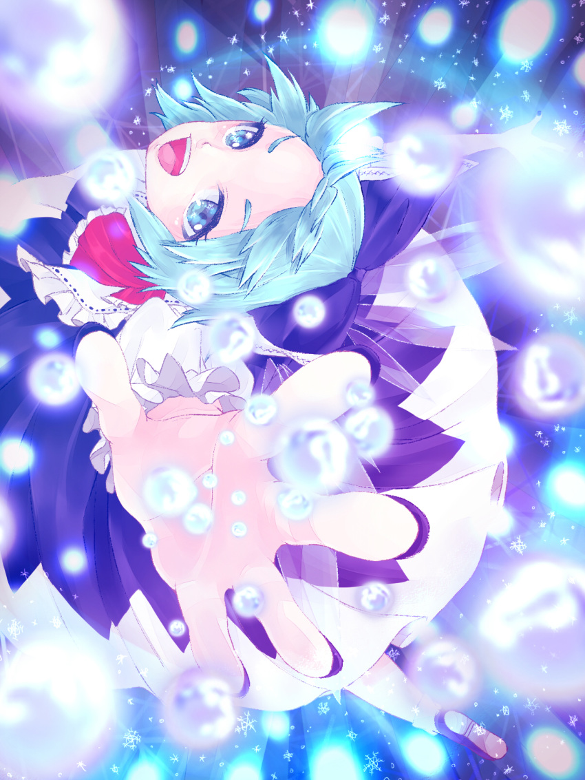 :d ascot bangs black_footwear blue_bow blue_eyes blue_hair bow cirno clumeal danmaku dress eyelashes fairy fingernails hair_bow highres ice ice_wings nail_polish open_mouth outstretched_arms puffy_short_sleeves puffy_sleeves purple_nails red_neckwear shoes short_hair short_sleeves smile snowflakes socks solo teeth tongue touhou white_legwear wings